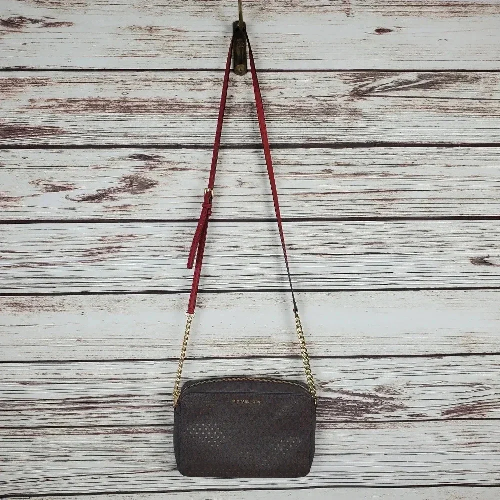 Michael Kors Jet Set East West Signature Brown/Red/Gold Perforated Crossbody Bag